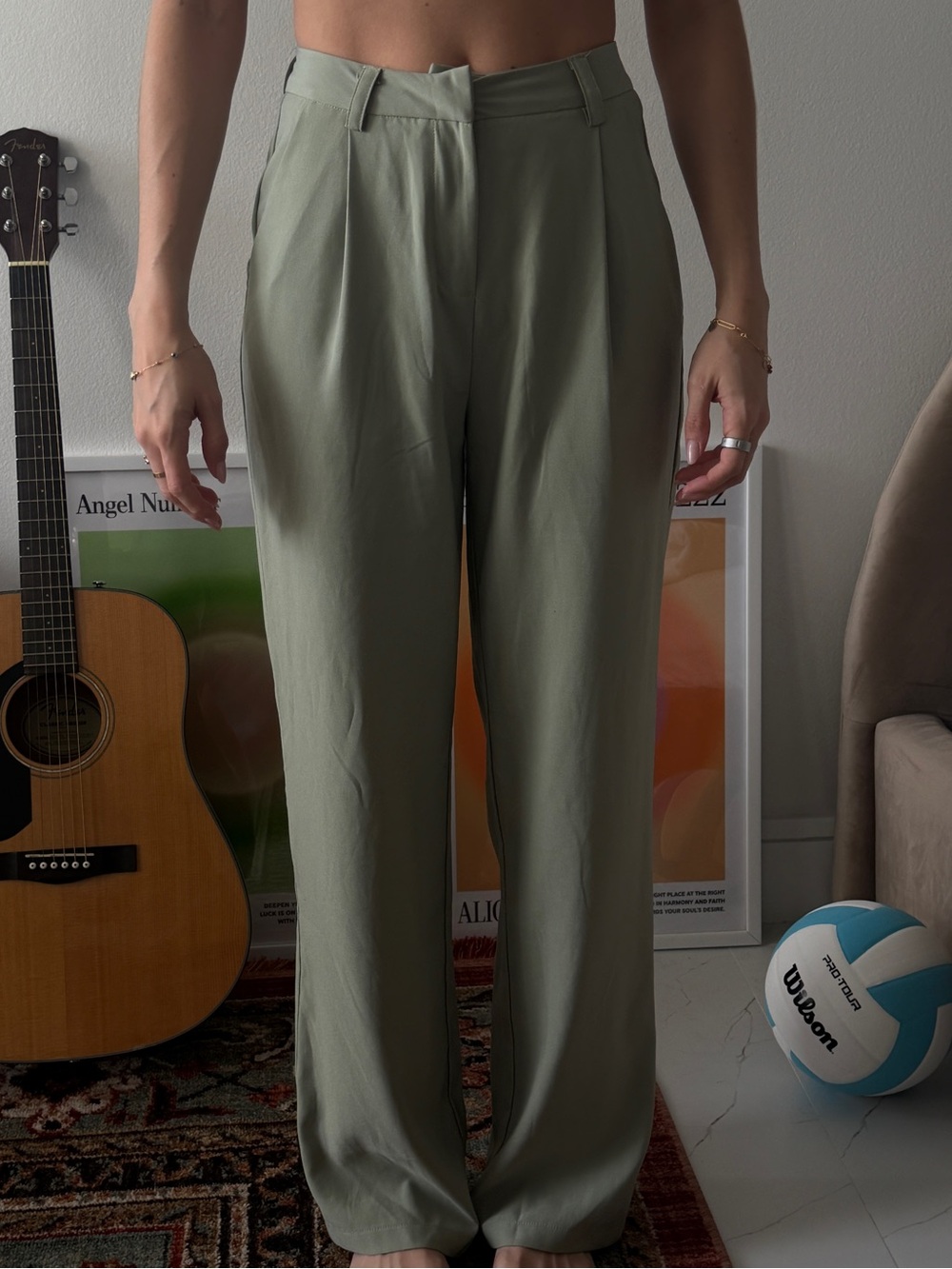 High-Rise Wide Leg Pants in Sage Green